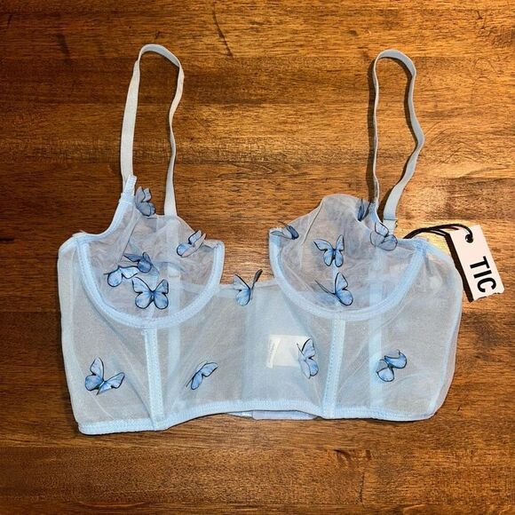 Tic Toc Powder Blue Butterfly Appliqué Strap Bralette - Picture 1 of 4